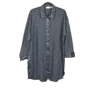 Victoria Secret Gold Label Tunic Top NavyBlue Lace Satin Long Sleeve M L Vintage